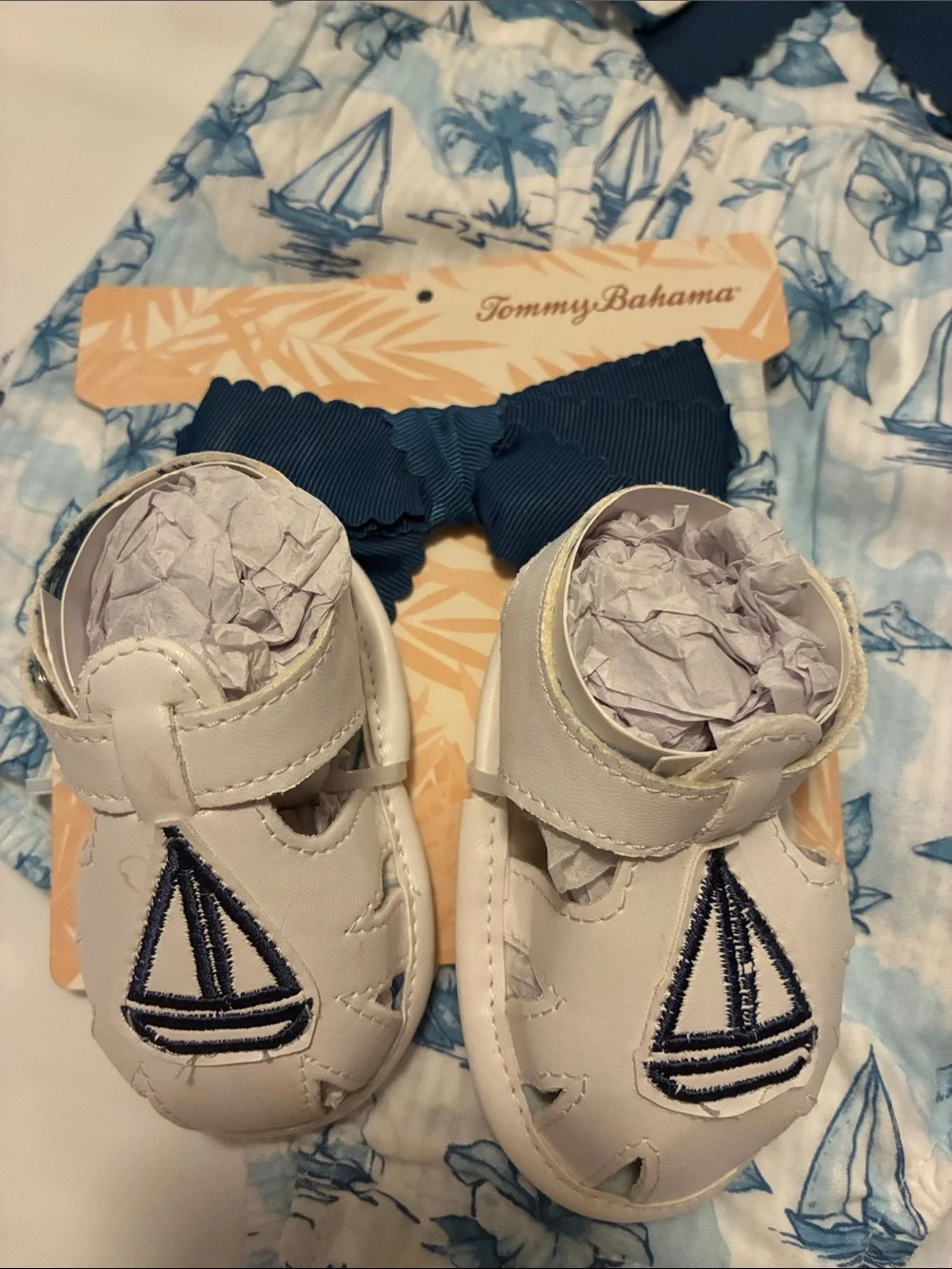 Tommy Bahama Blue & White Sailboat Print Infant One-Piece with Navy Bow - Picture 2 of 6